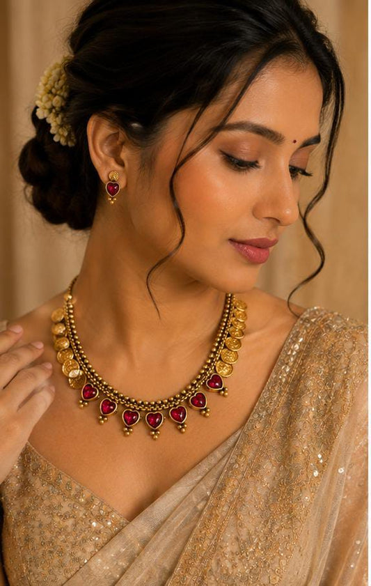 Elegant South Indian Temple Jewellery Set with Ruby Stones and Coin Details in Germany