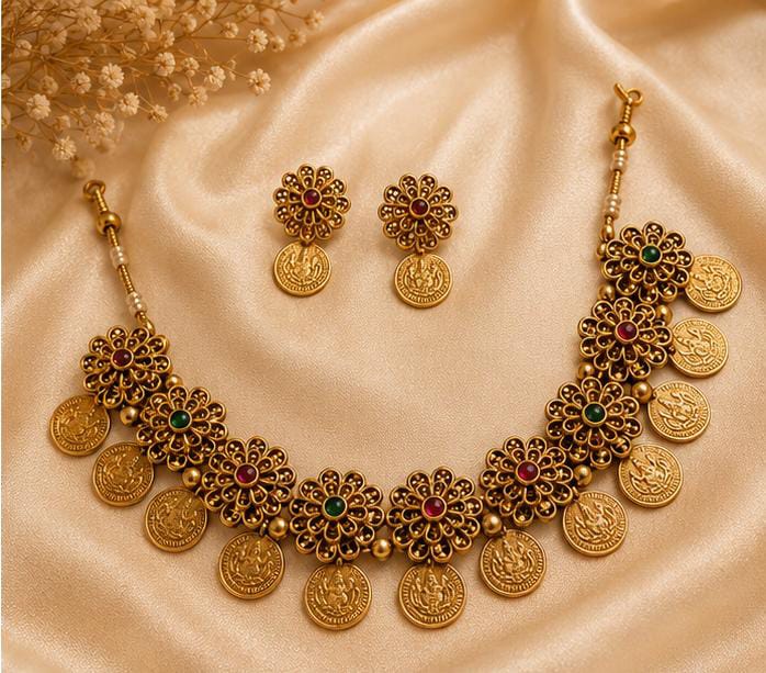 Traditional Antique Gold Lakshmi Kasu Mala Choker Set in Germany