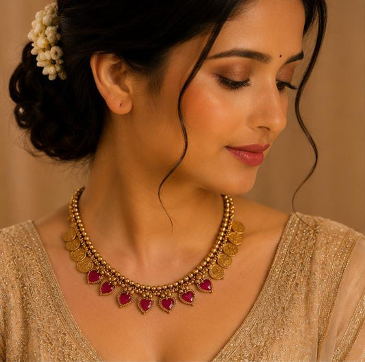 Antique Gold Kasu Mala with Heart-Shaped Ruby Accents in Germany