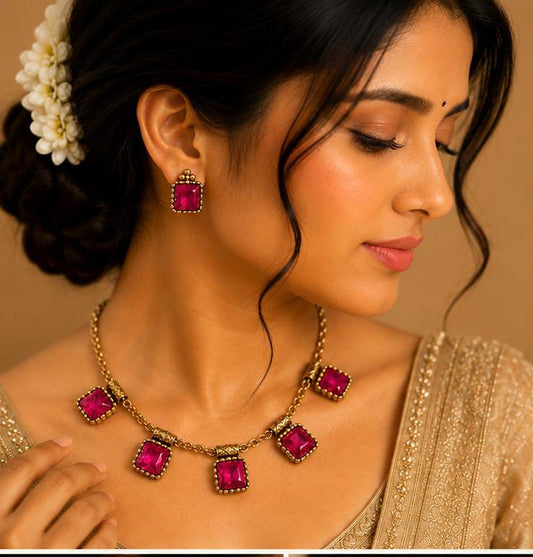 Antique Gold and Ruby Pink Gemstone Jewelry Set in Germany