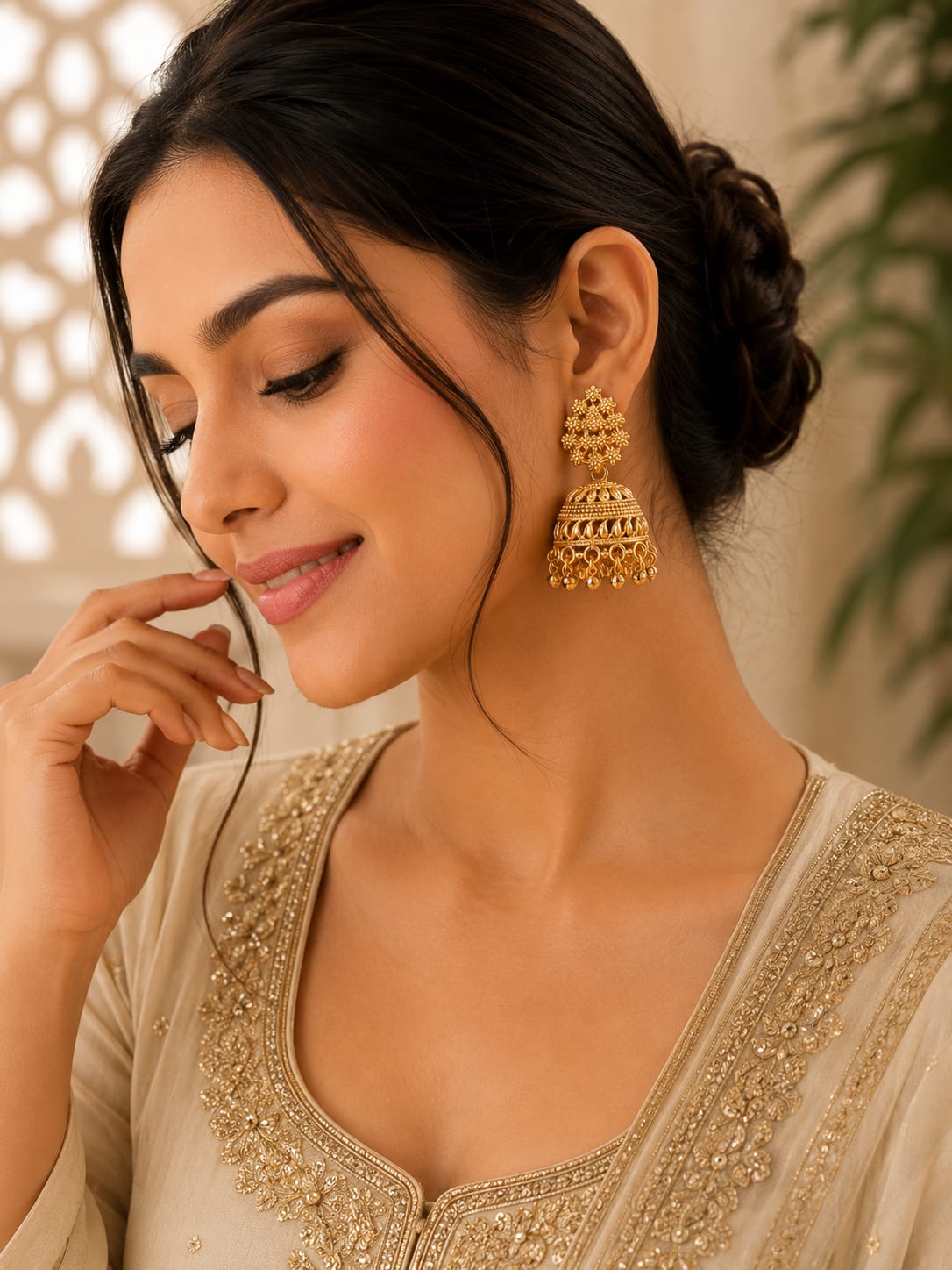Elegant Portrait of a Woman in Traditional Indian Attire and Gold Jhumka Earrings in Berlin