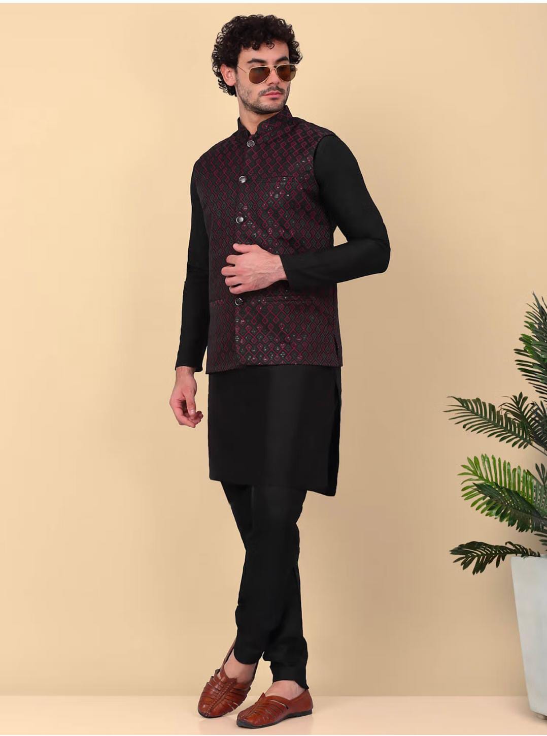 Men's Silk Blend Kurta and Churidar with Embroidered Pink Nehru Jacket in Berlin