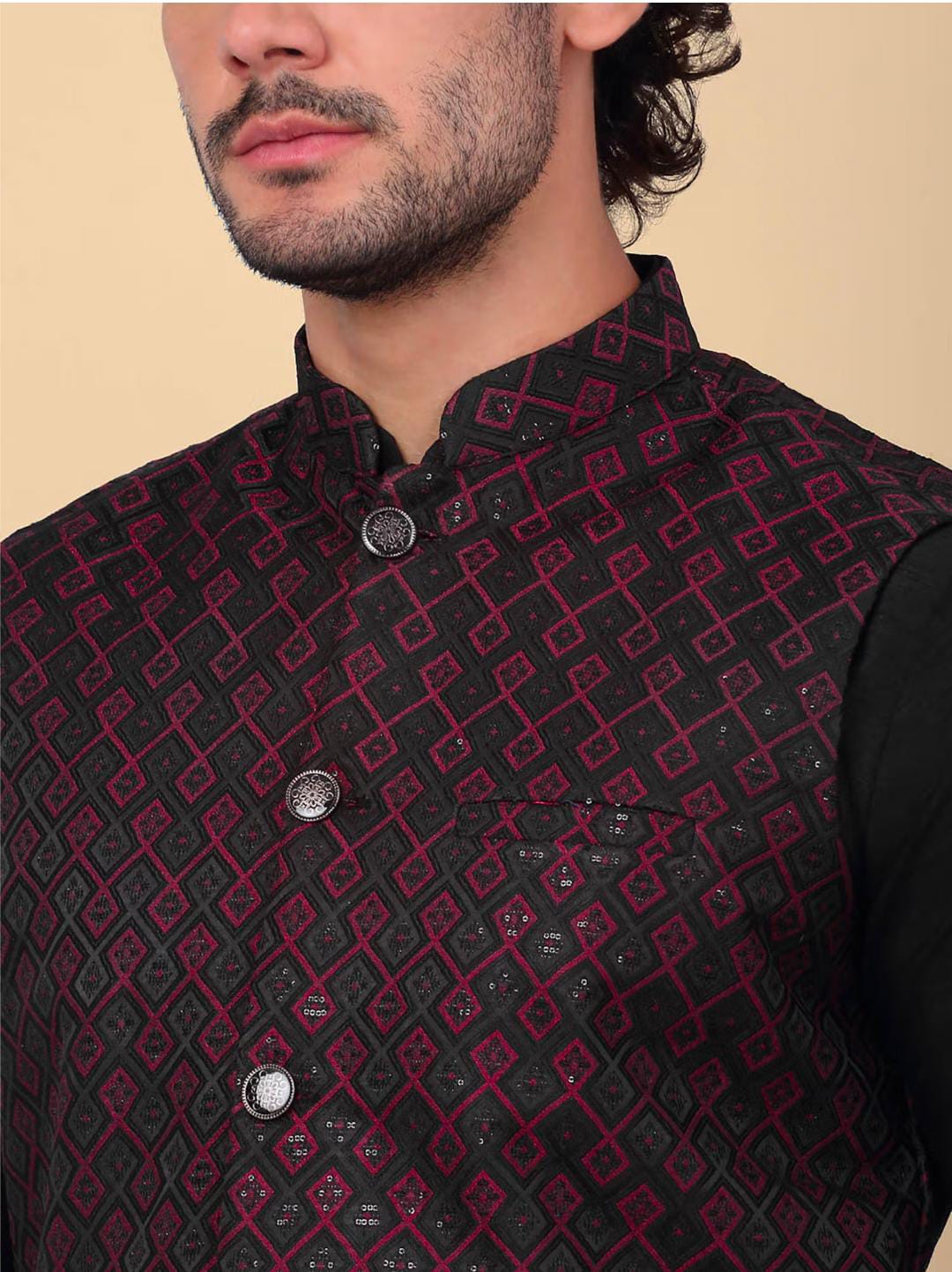 Men's Silk Blend Kurta and Churidar with Embroidered Pink Nehru Jacket in Berlin