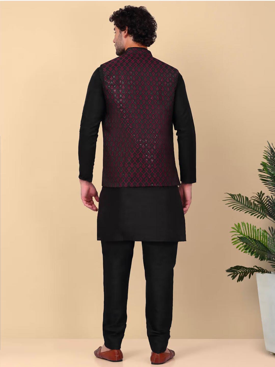 Men's Silk Blend Kurta and Churidar with Embroidered Pink Nehru Jacket in Berlin
