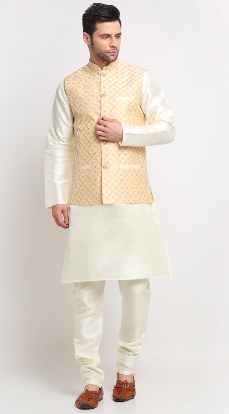 Men Silk Cream Kurta Churidar With Beige Embroidered Nehru Jacket Set in Berlin