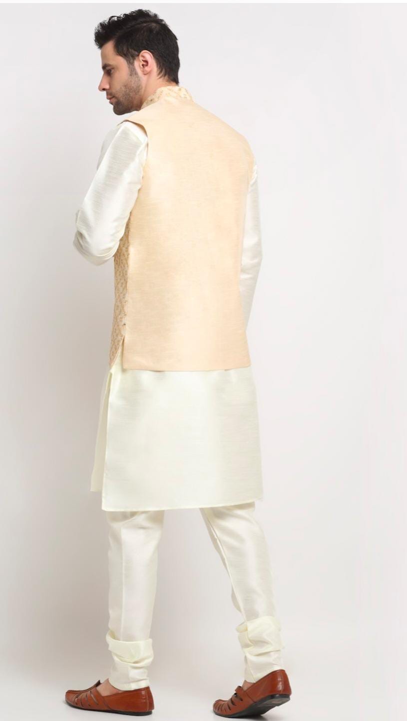 Men Silk Cream Kurta Churidar With Beige Embroidered Nehru Jacket Set in Berlin