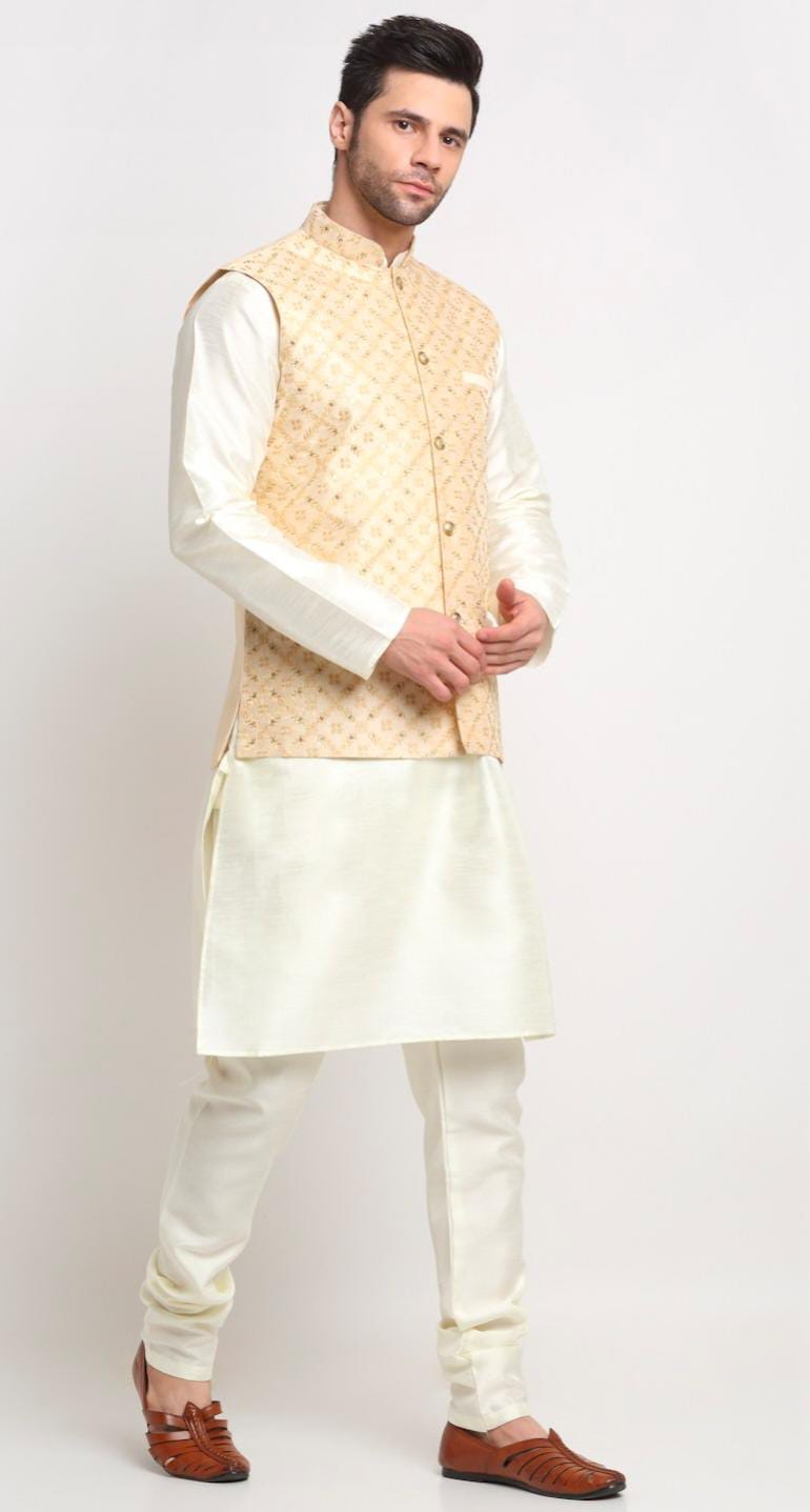 Men Silk Cream Kurta Churidar With Beige Embroidered Nehru Jacket Set in Berlin