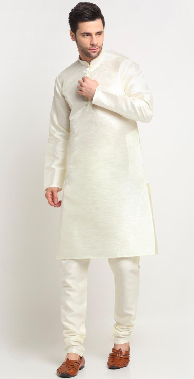 Men Silk Cream Kurta Churidar With Beige Embroidered Nehru Jacket Set in Berlin