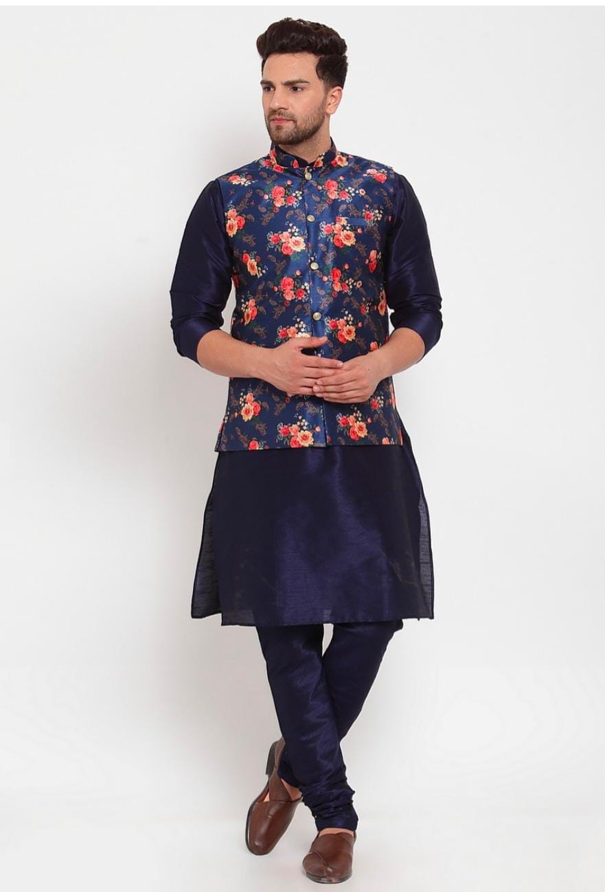 Men Navyblue & Blue Kurta With Churidar & Printed Nehru Jacket in Berlin