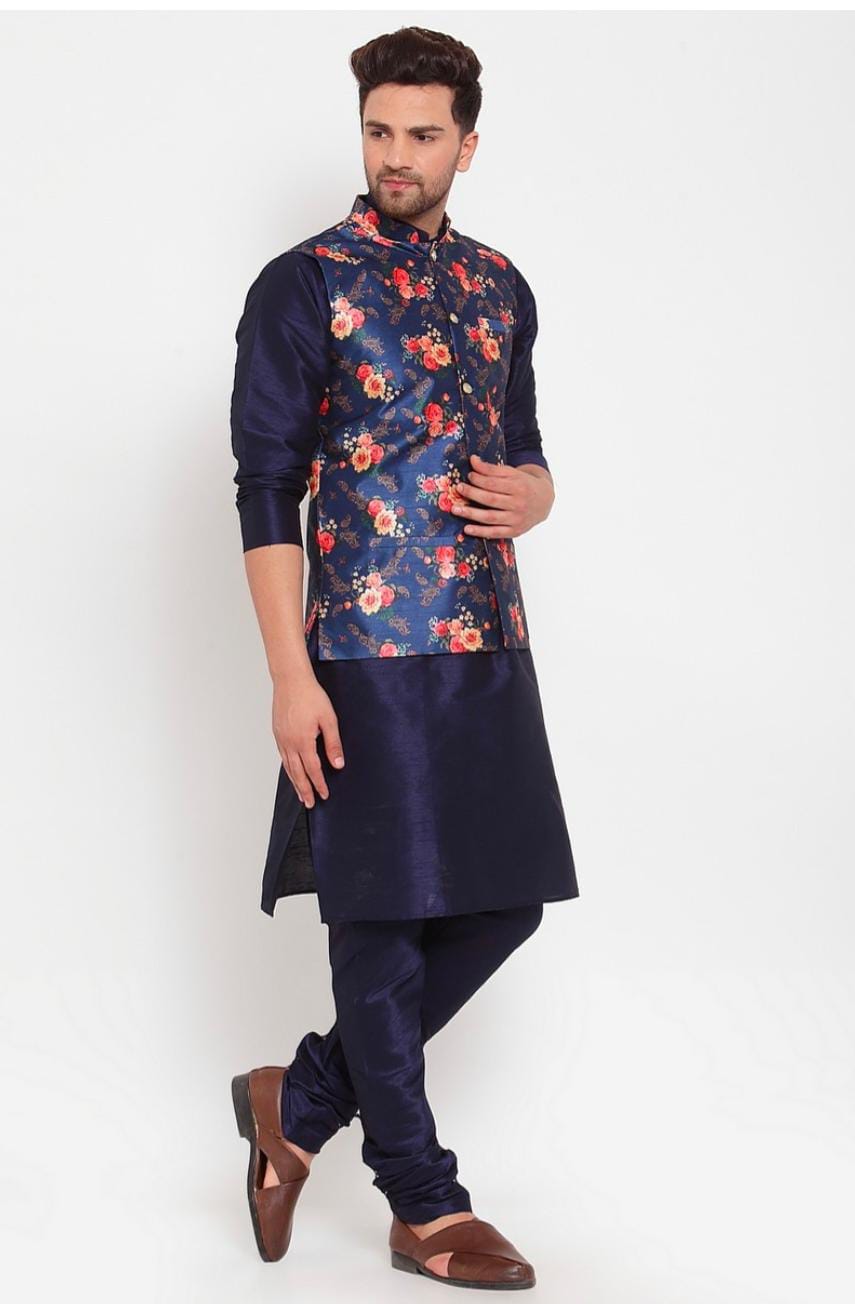 Men Navyblue & Blue Kurta With Churidar & Printed Nehru Jacket in Berlin