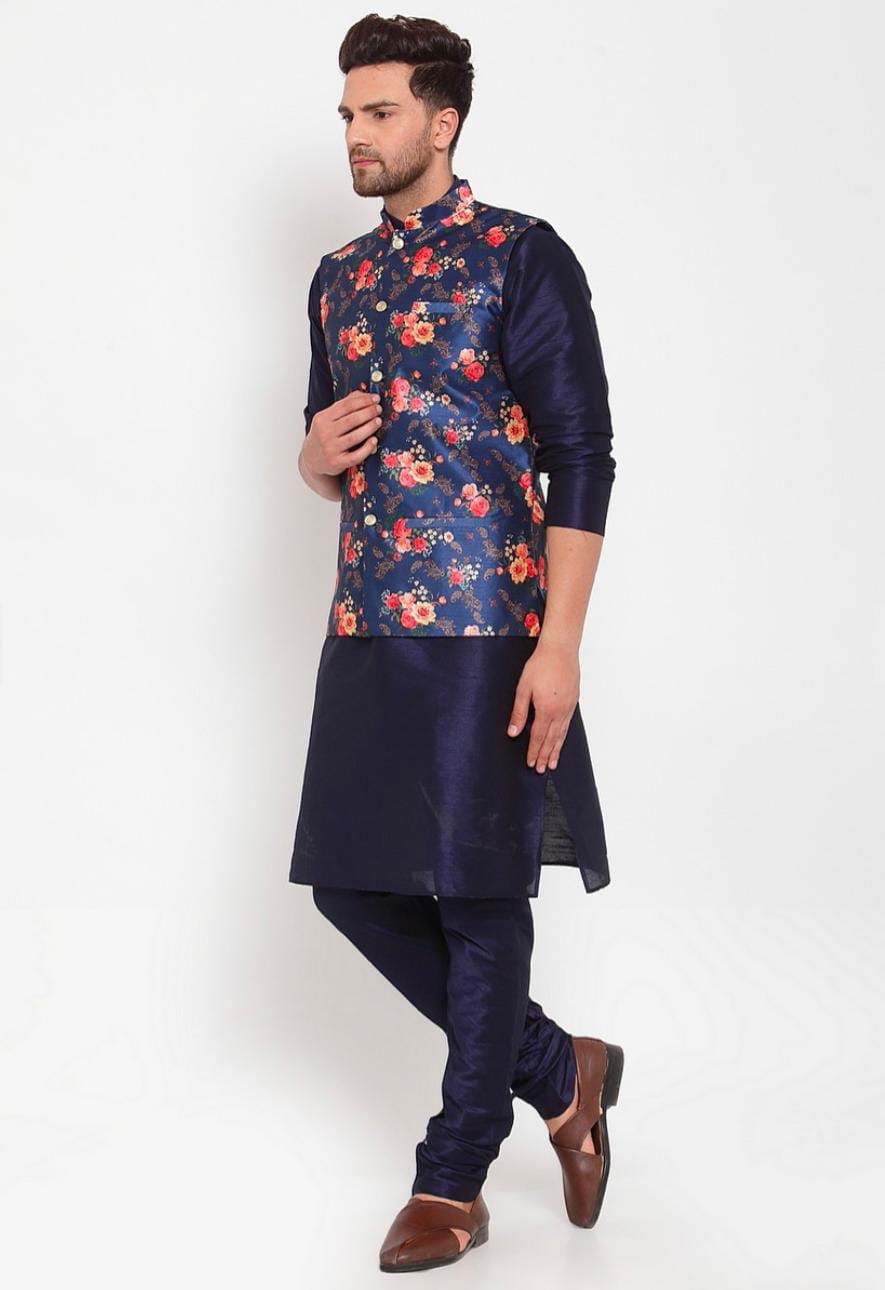 Men Navyblue & Blue Kurta With Churidar & Printed Nehru Jacket in Berlin