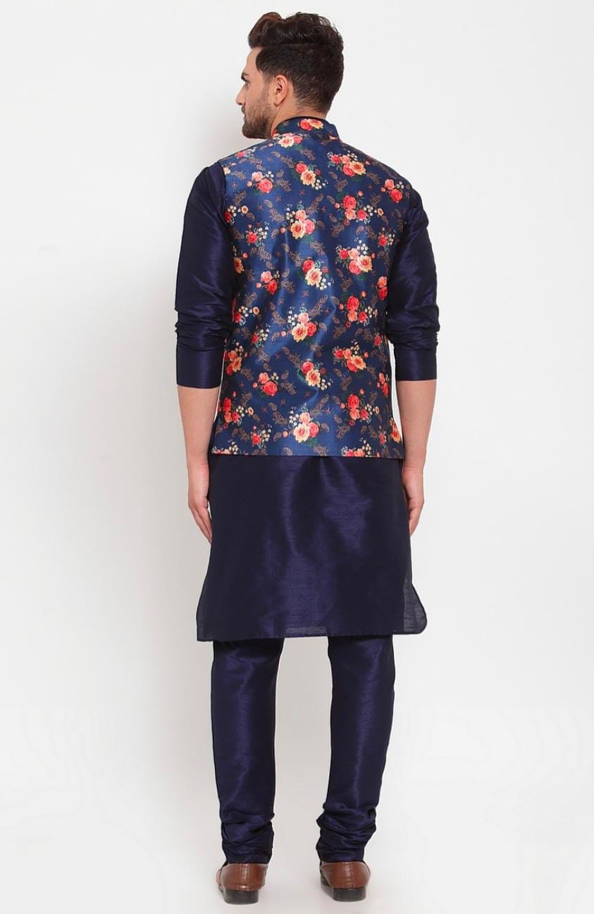 Men Navyblue & Blue Kurta With Churidar & Printed Nehru Jacket in Berlin