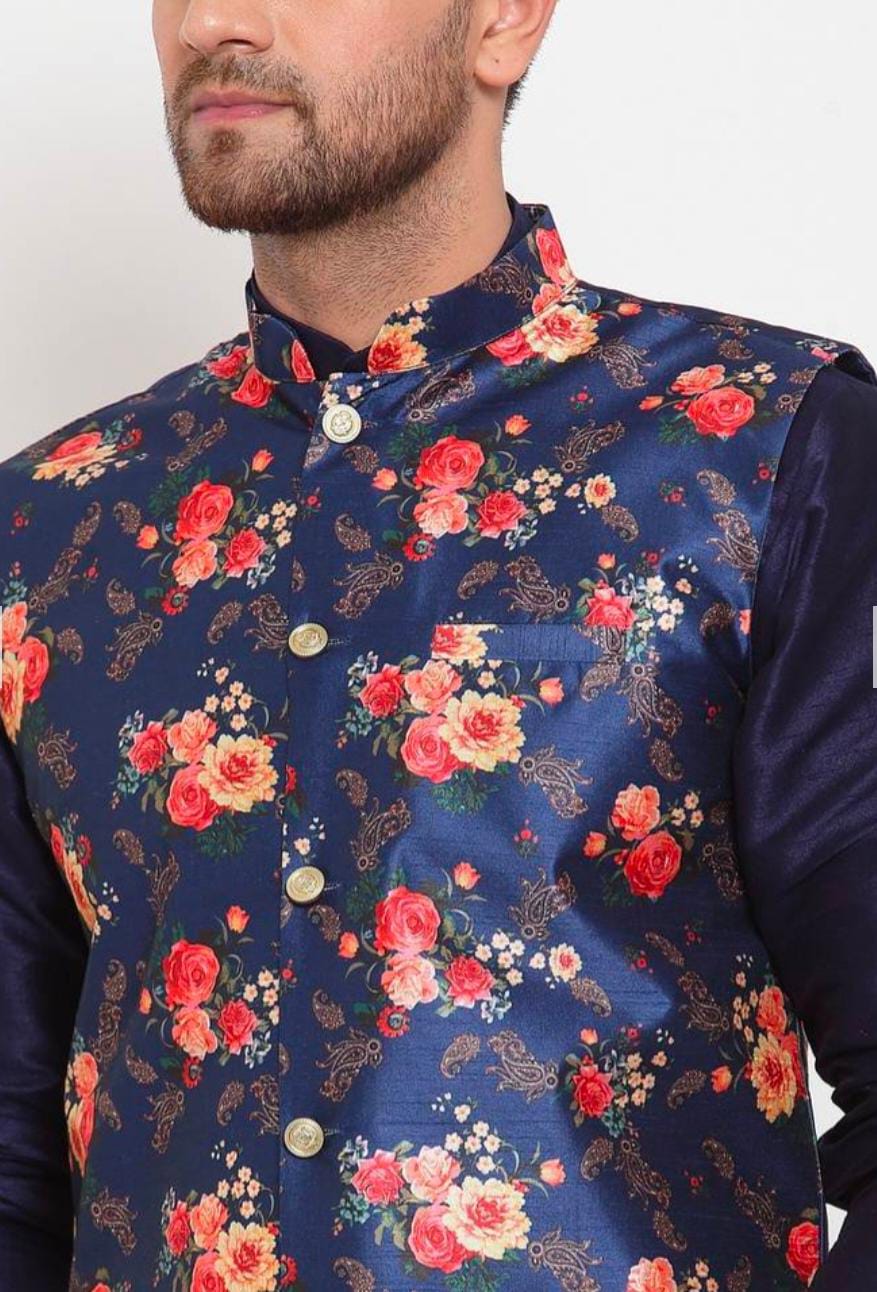 Men Navyblue & Blue Kurta With Churidar & Printed Nehru Jacket in Berlin