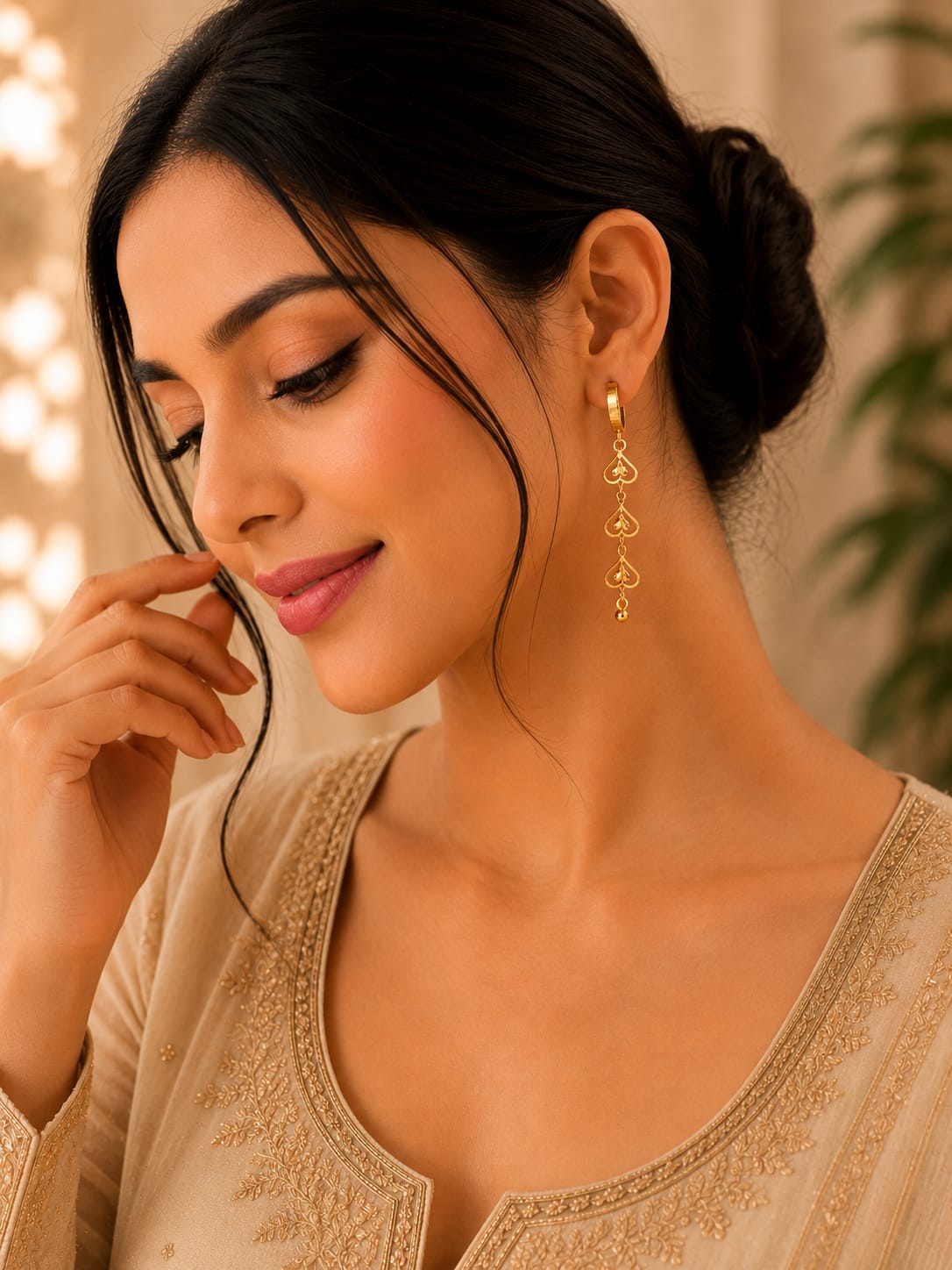 Elegant Portrait of a Woman with Gold Heart Drop Earrings in Berlin