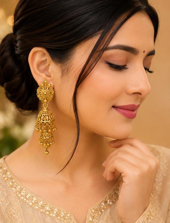 Traditional 3-Step Gold Jhumka Earrings in Berlin