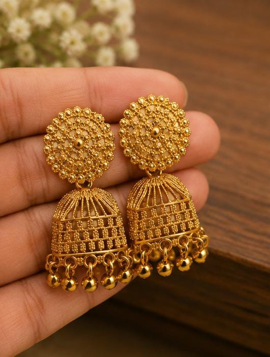 Traditional Gold-Plated Intricate Filigree Jhumka Earrings in Berlin