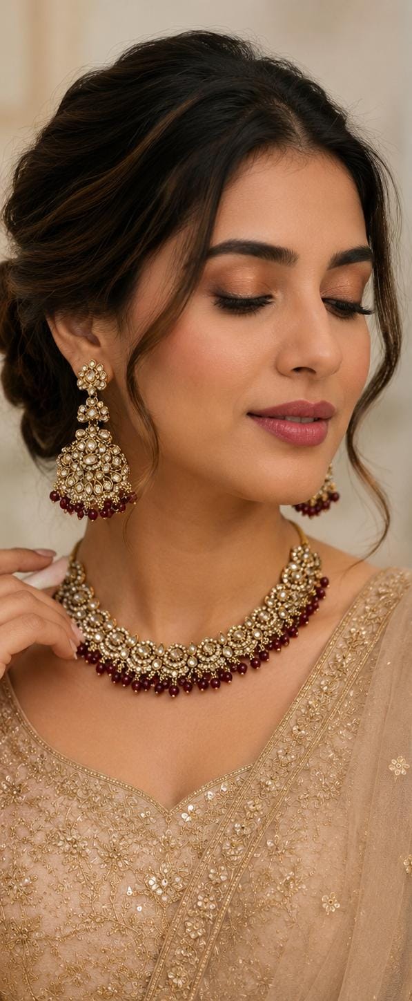 Antique Gold-Plated Maroon Kundan Choker Necklace Set with Earrings & Maang Tikka in Germany