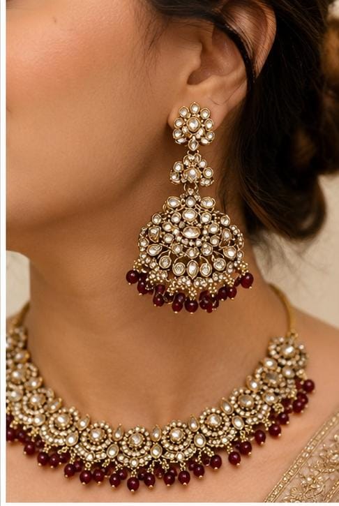 Antique Gold-Plated Maroon Kundan Choker Necklace Set with Earrings & Maang Tikka in Germany
