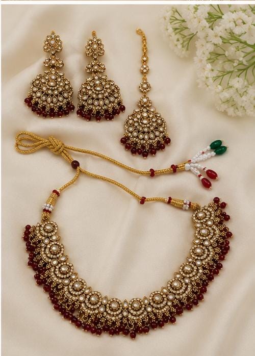 Antique Gold-Plated Maroon Kundan Choker Necklace Set with Earrings & Maang Tikka in Germany