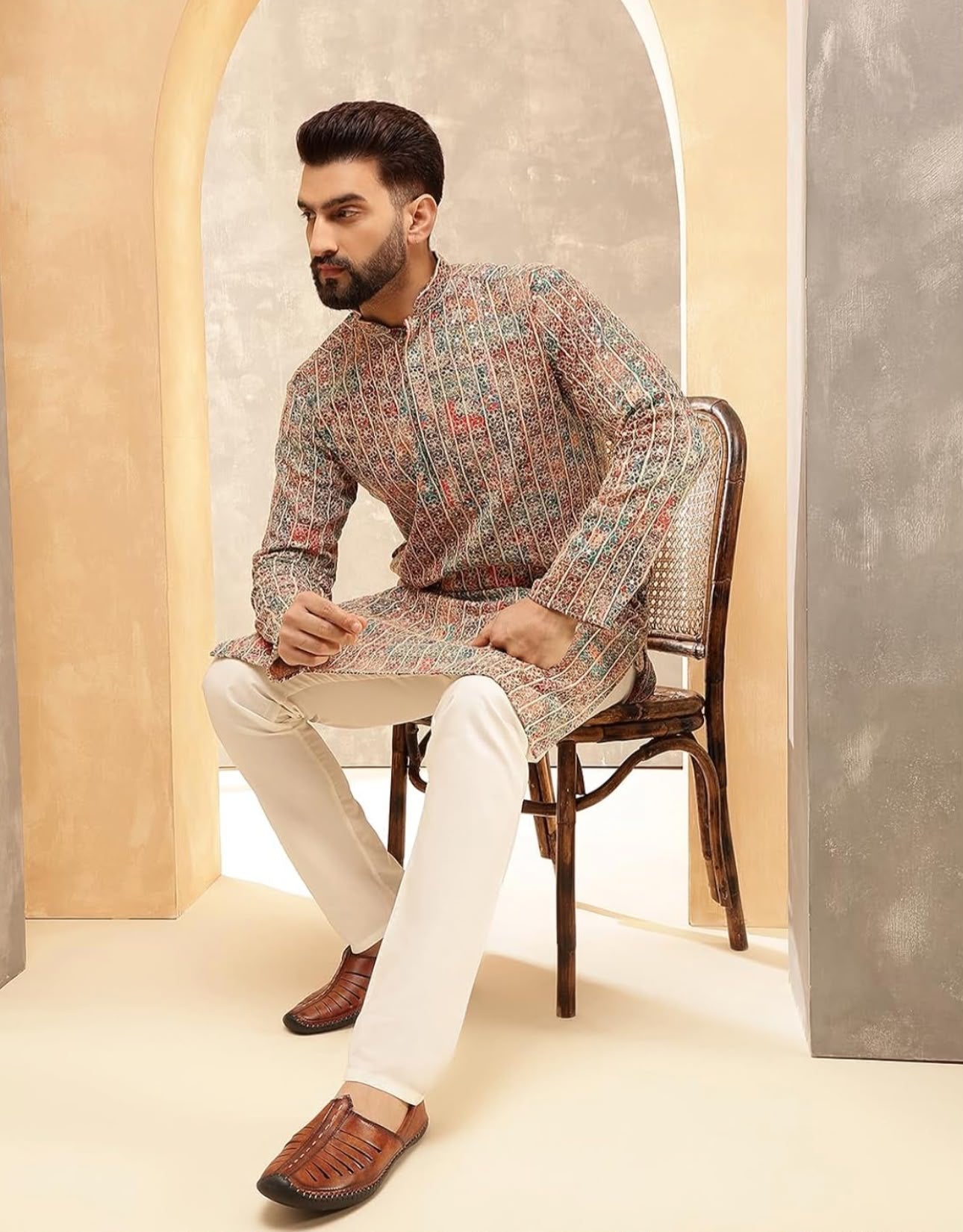 Men's Cotton Silk Gold Thread Floral Embroidered Kurta Set in Berlin