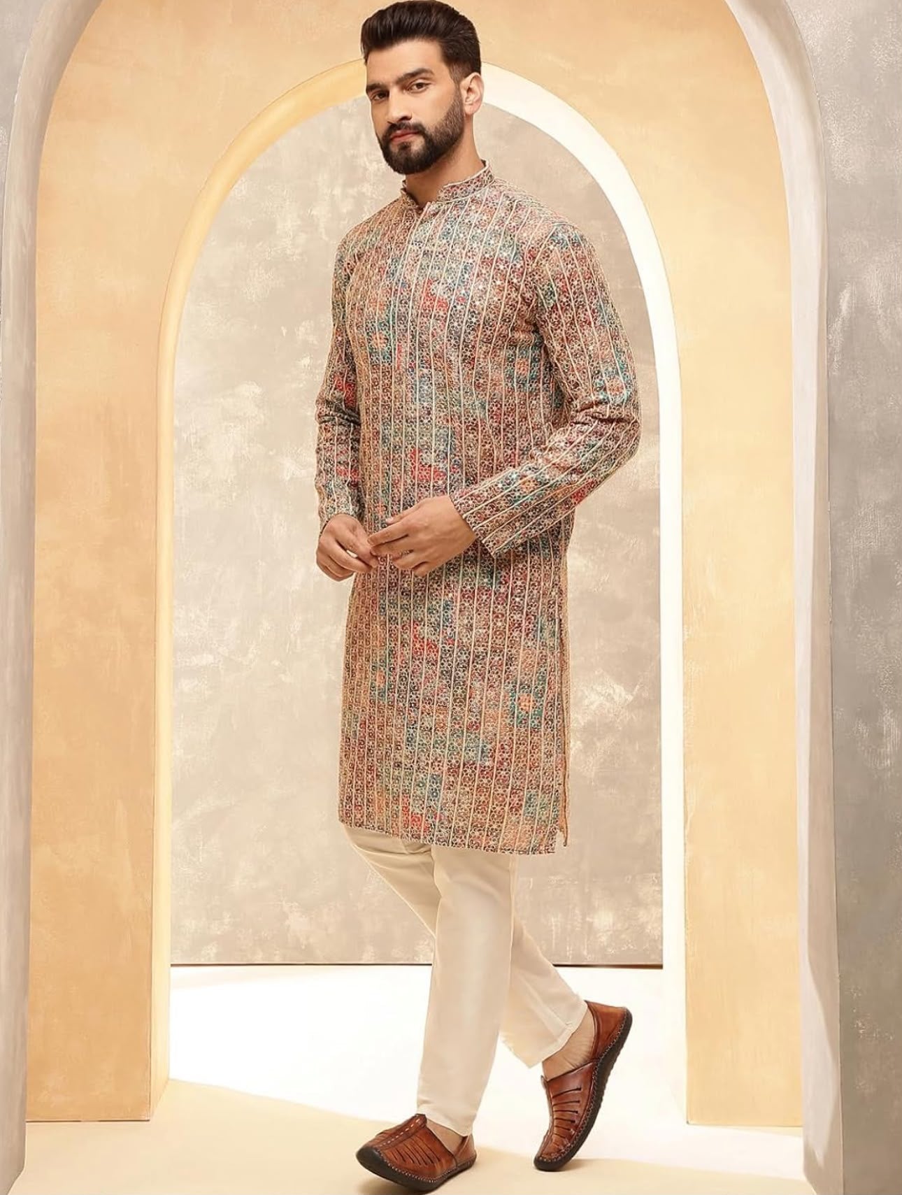 Men's Cotton Silk Gold Thread Floral Embroidered Kurta Set in Berlin