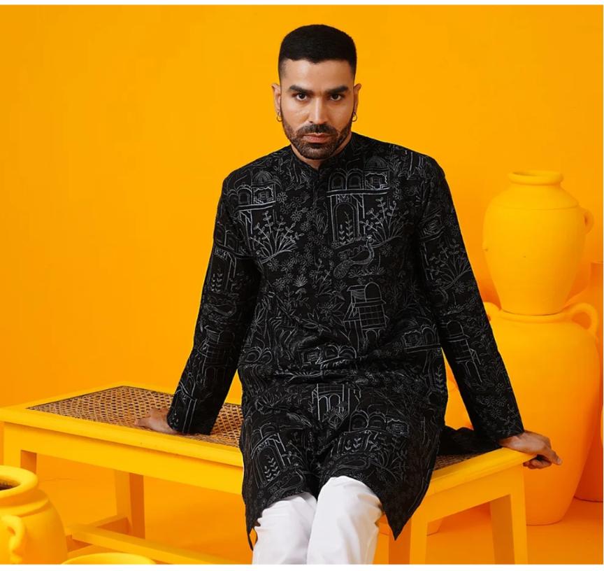 Men's Black Cotton Floral Kurta Set in Berlin
