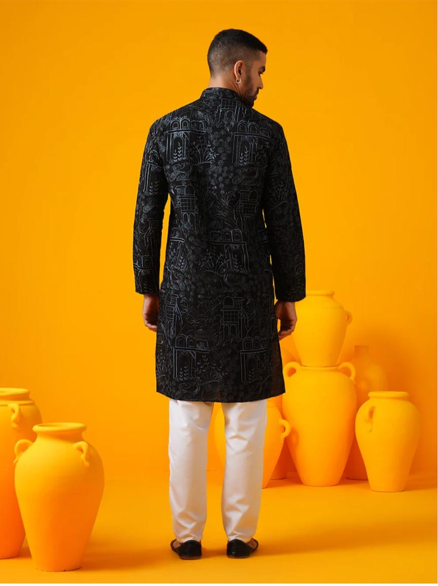 Men's Black Cotton Floral Kurta Set in Berlin