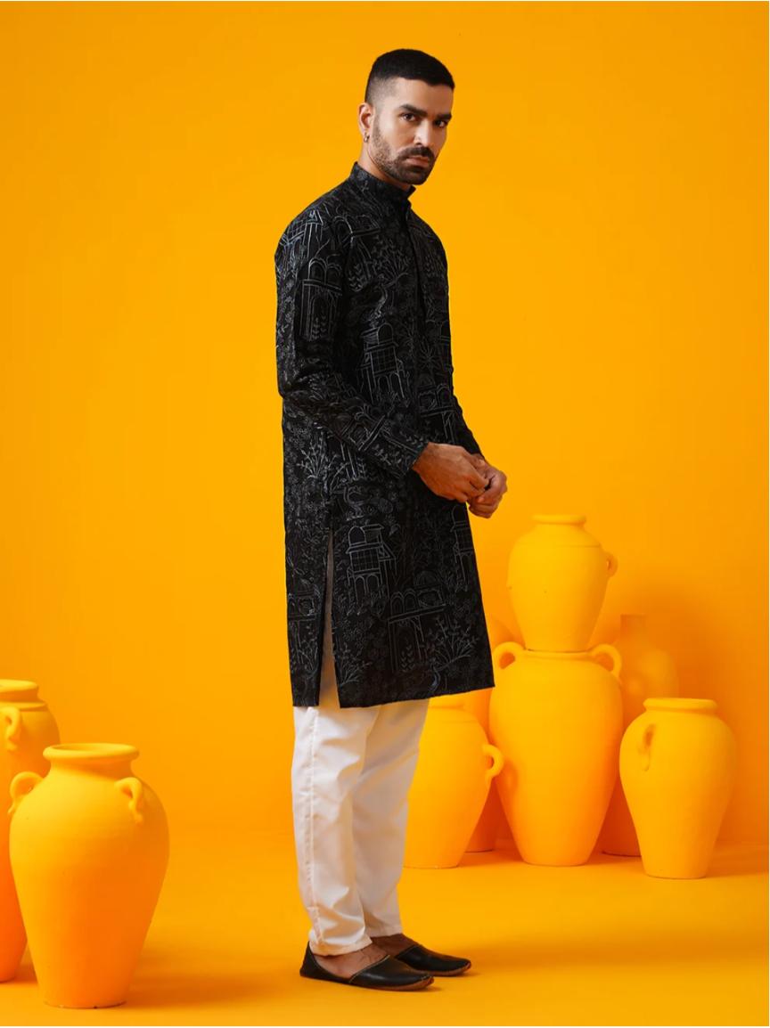 Men's Black Cotton Floral Kurta Set in Berlin