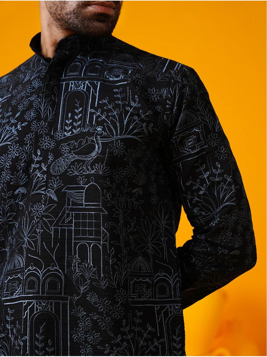 Men's Black Cotton Floral Kurta Set in Berlin