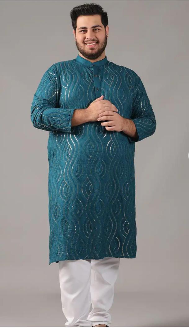 Floral Embroidered Band Collar Sequinned Cotton Straight Kurta Set in Berlin