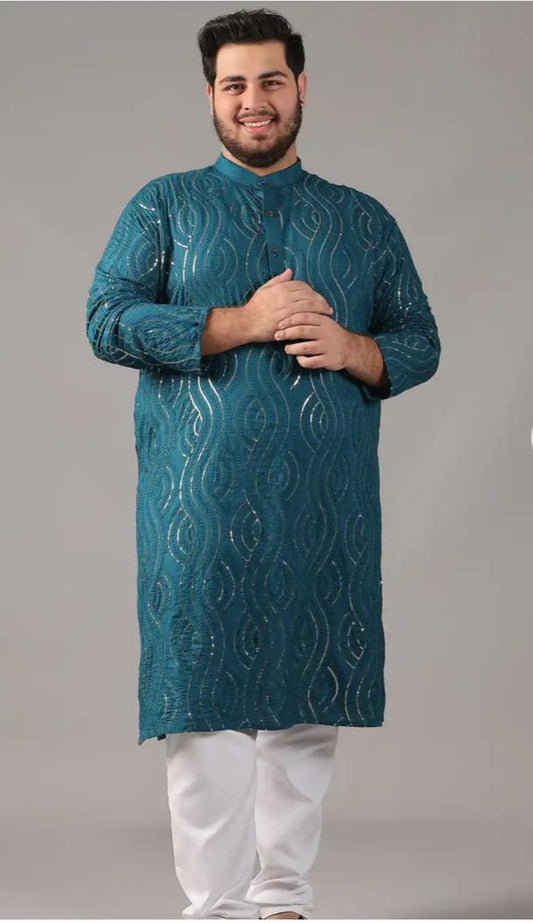 Floral Embroidered Band Collar Sequinned Cotton Straight Kurta Set in Berlin