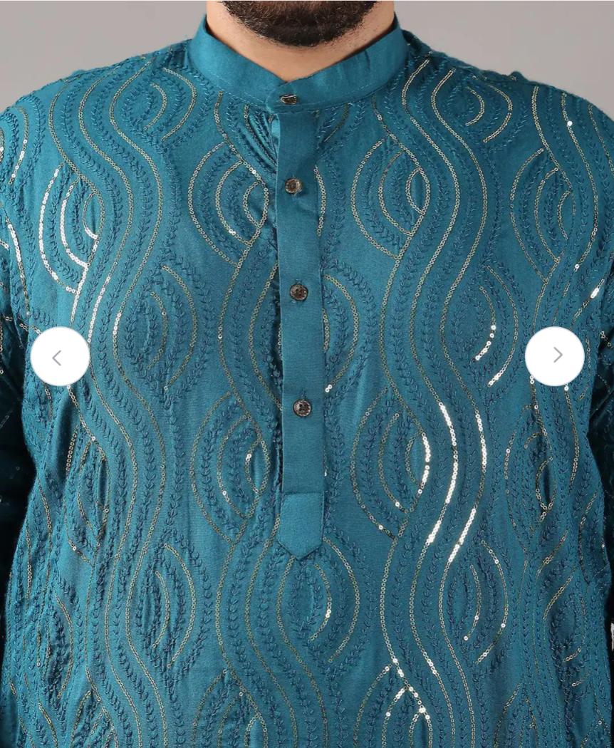 Floral Embroidered Band Collar Sequinned Cotton Straight Kurta Set in Berlin