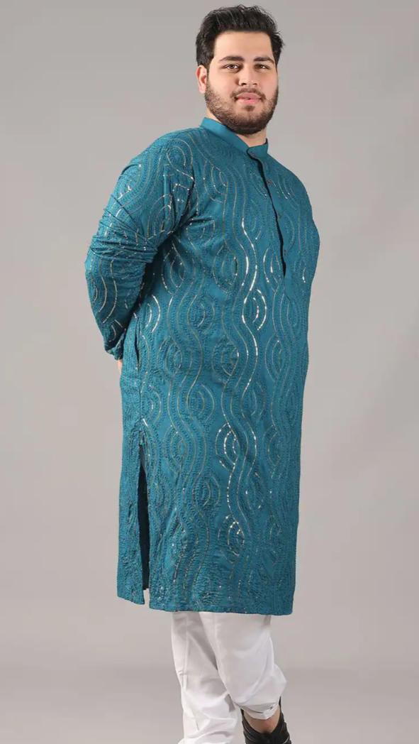 Floral Embroidered Band Collar Sequinned Cotton Straight Kurta Set in Berlin