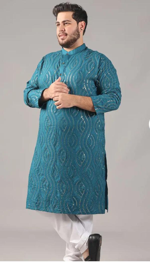 Floral Embroidered Band Collar Sequinned Cotton Straight Kurta Set in Berlin