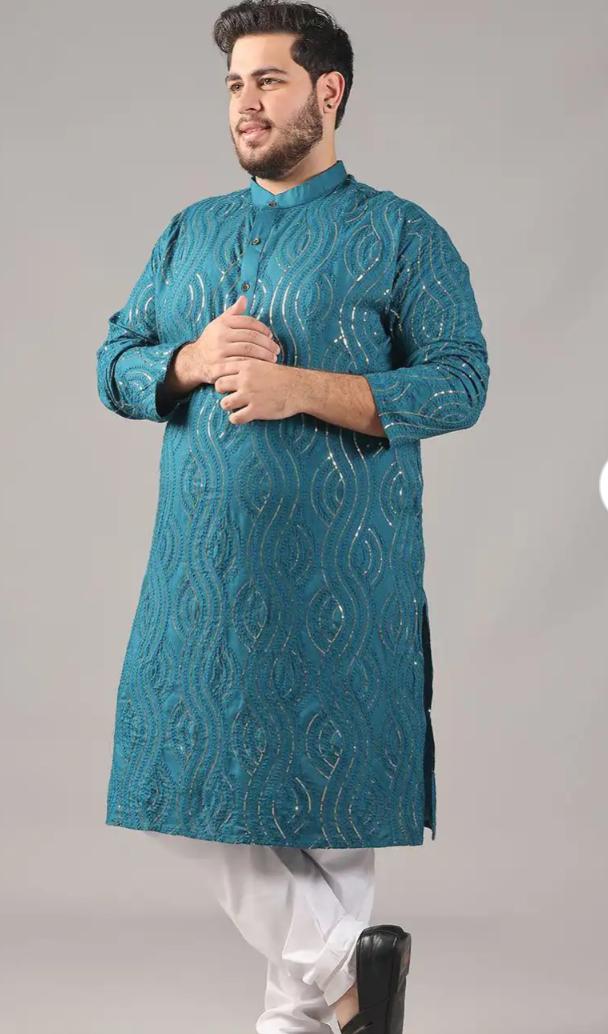 Floral Embroidered Band Collar Sequinned Cotton Straight Kurta Set in Berlin