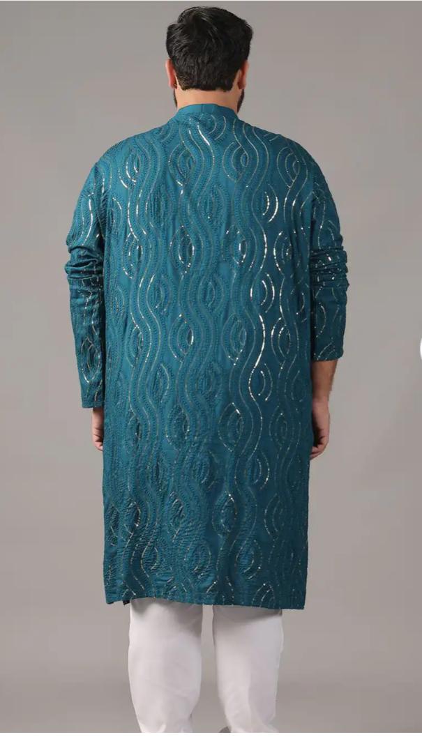 Floral Embroidered Band Collar Sequinned Cotton Straight Kurta Set in Berlin