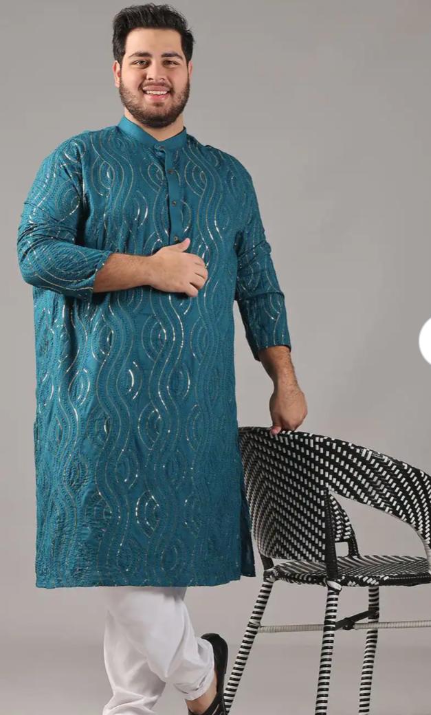 Floral Embroidered Band Collar Sequinned Cotton Straight Kurta Set in Berlin