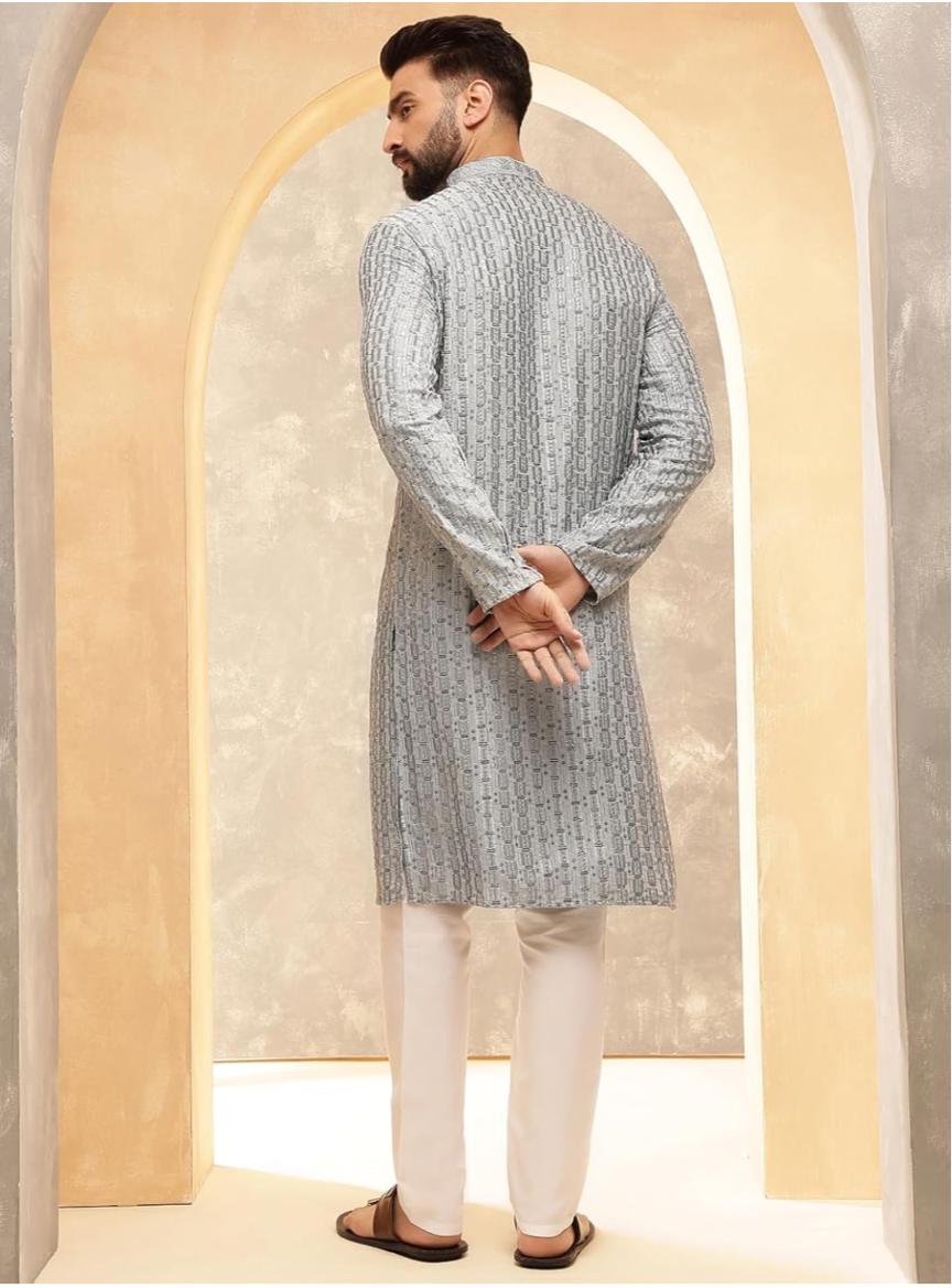 Kurta in Cotton and Viscose with Shiny Thread and Sequins, White Pyjamas in Berlin