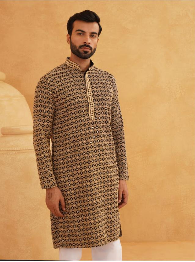 Men Cotton Contrast Embroidered Sequinned Gold Long Kurta set in Berlin