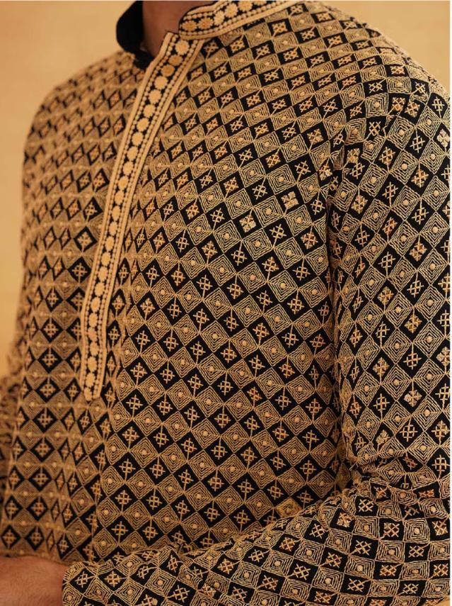 Men Cotton Contrast Embroidered Sequinned Gold Long Kurta set in Berlin