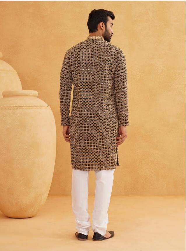 Men Cotton Contrast Embroidered Sequinned Gold Long Kurta set in Berlin