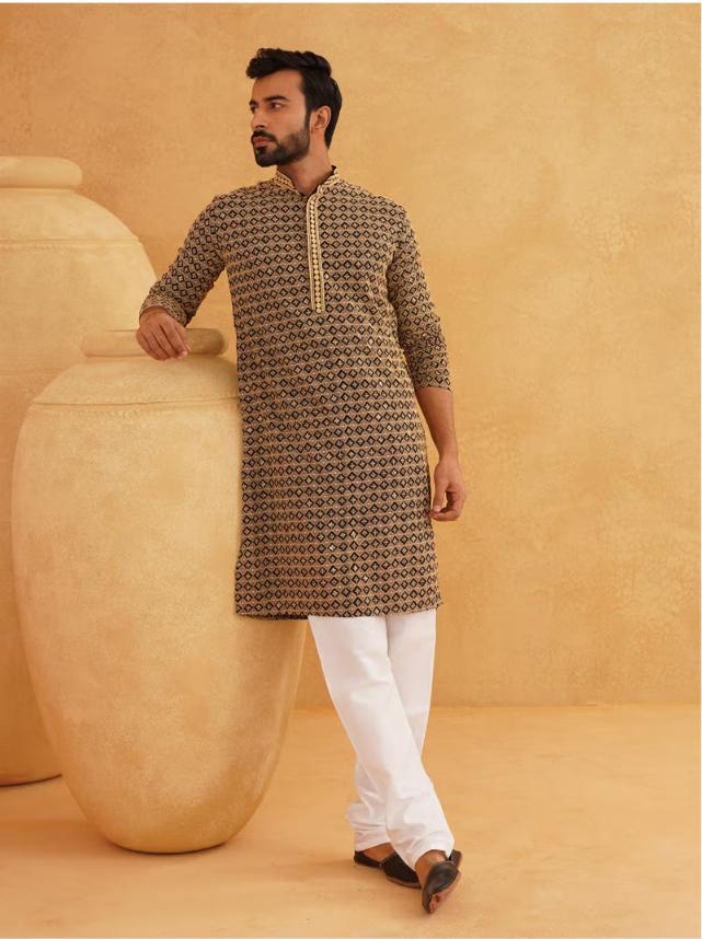 Men Cotton Contrast Embroidered Sequinned Gold Long Kurta set in Berlin