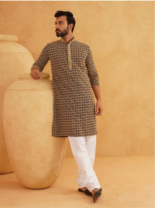 Men Cotton Contrast Embroidered Sequinned Gold Long Kurta set in Berlin