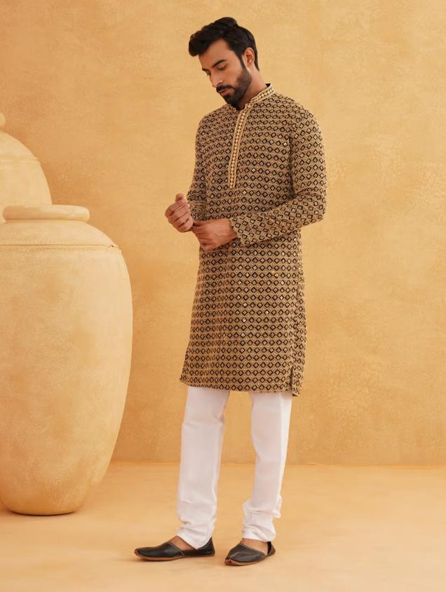 Men Cotton Contrast Embroidered Sequinned Gold Long Kurta set in Berlin
