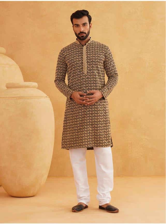 Men Cotton Contrast Embroidered Sequinned Gold Long Kurta set in Berlin
