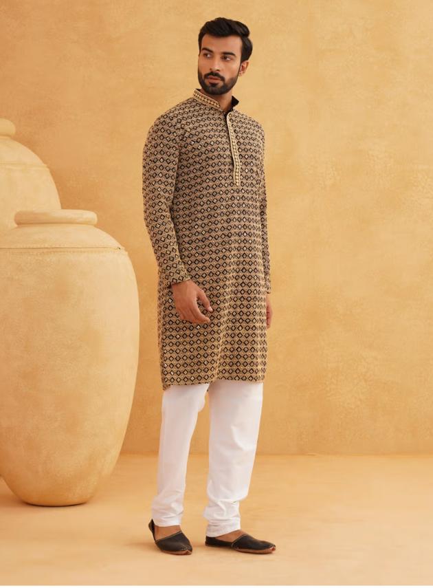 Men Cotton Contrast Embroidered Sequinned Gold Long Kurta set in Berlin