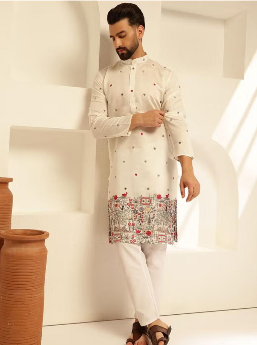 Floral Embroidered Cotton Silk Kurta and Pyjama for Men in Berlin