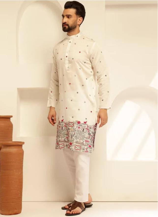Floral Embroidered Cotton Silk Kurta and Pyjama for Men in Berlin