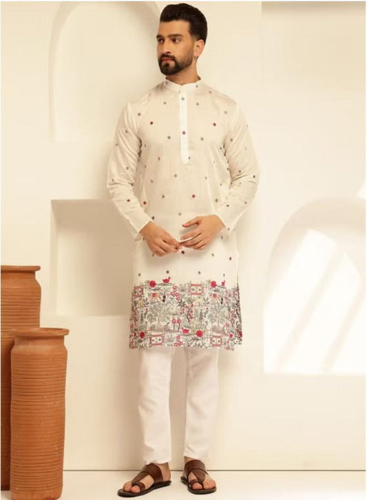 Floral Embroidered Cotton Silk Kurta and Pyjama for Men in Berlin