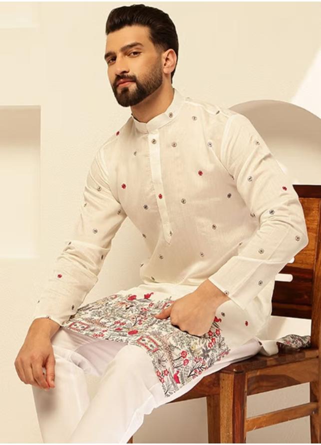 Floral Embroidered Cotton Silk Kurta and Pyjama for Men in Berlin
